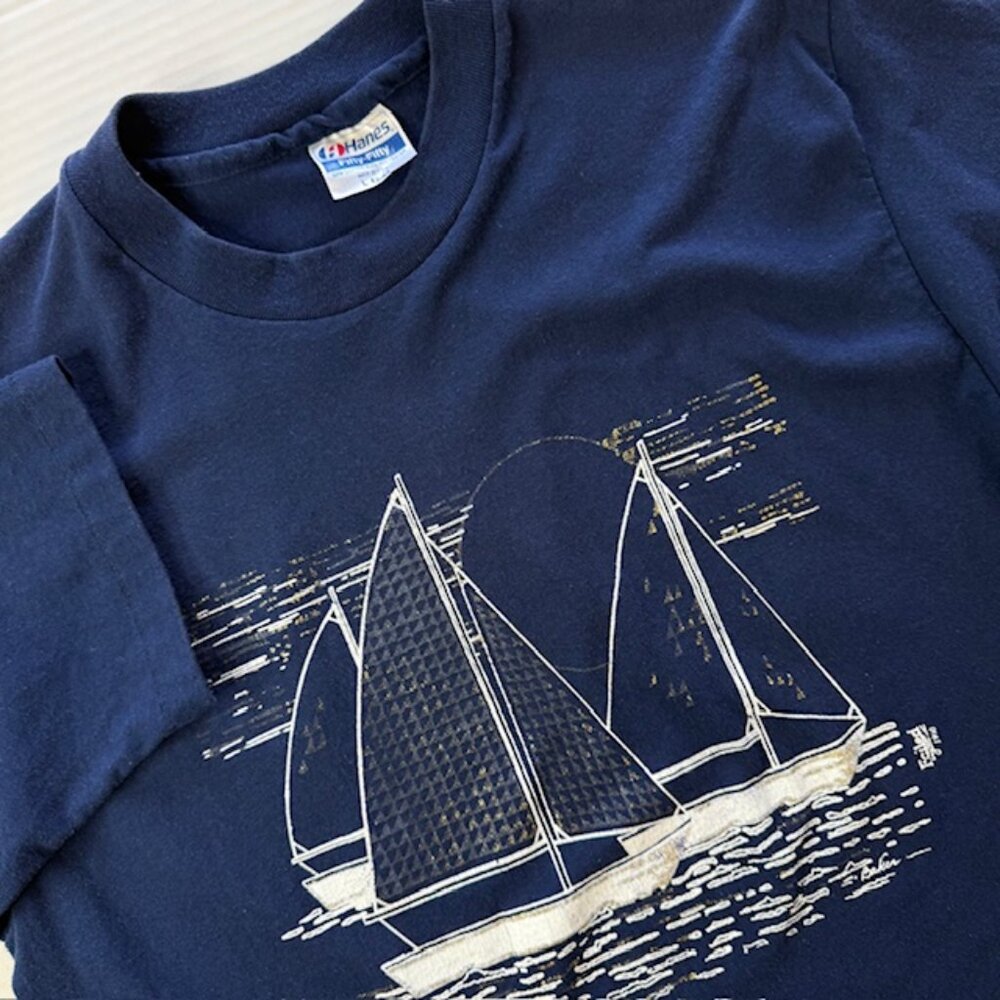 Men's Blue Short Sleeve Vintage Crew Neck T-Shirt Size Large Hanes Fifty-Fifty